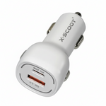 White car charger with USB ports on a white background