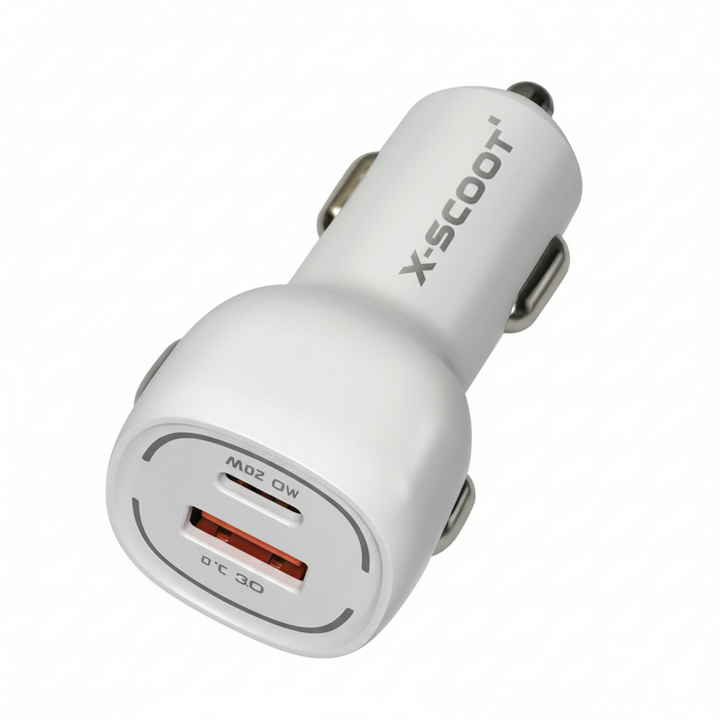 White car charger with USB ports on a white background