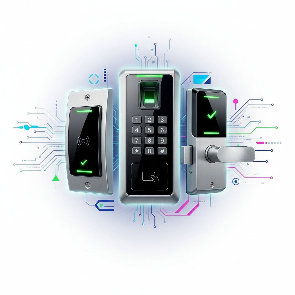 Access control devices with 'Microtech' branding on a white background