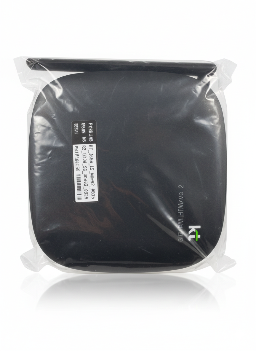 Black electronic device in clear packaging on a white background