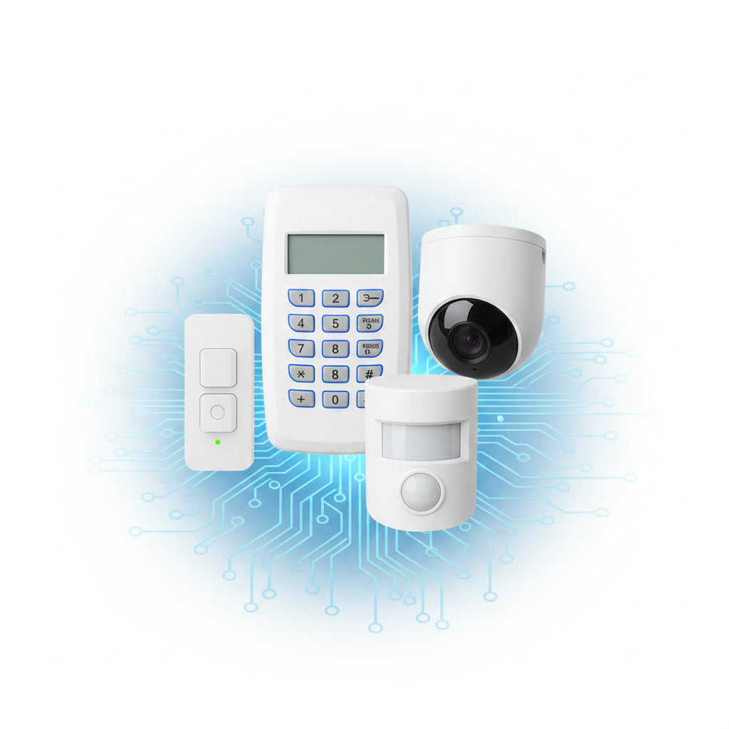 Alarm system collection by Microtech with keypad, camera, and sensors on a white background.