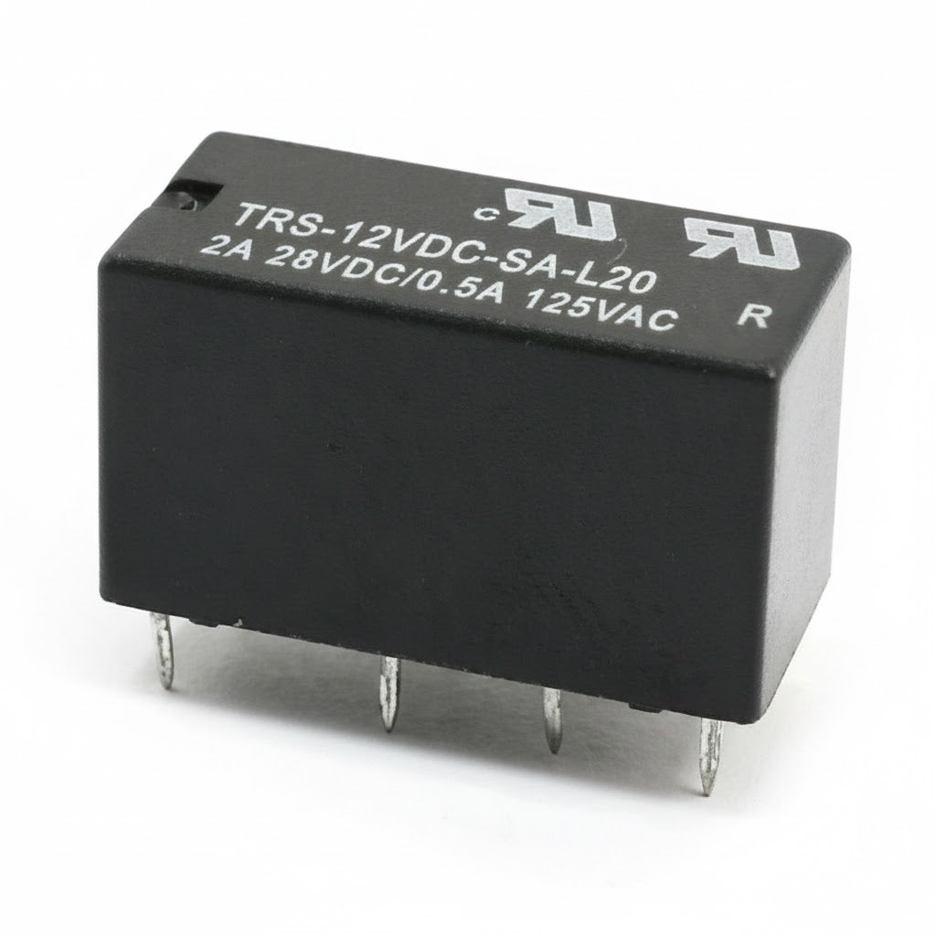 Front view of 12V 8-pin contact relay showing pins and casing