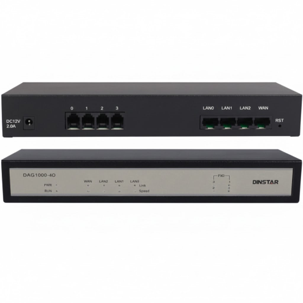 Front view of DAG1000-40 VoIP Gateway showing ports and indicator LEDs