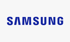 Samsung logo in blue on a white background