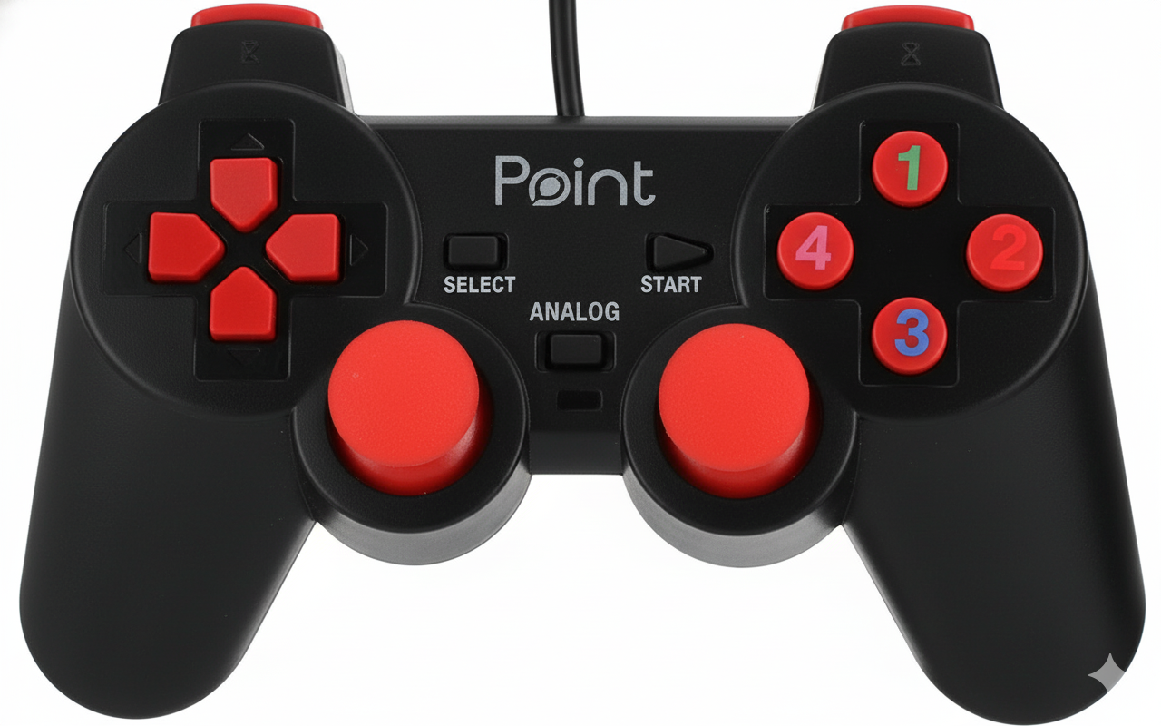 Black and red gaming controller with 'Point' branding on a white background