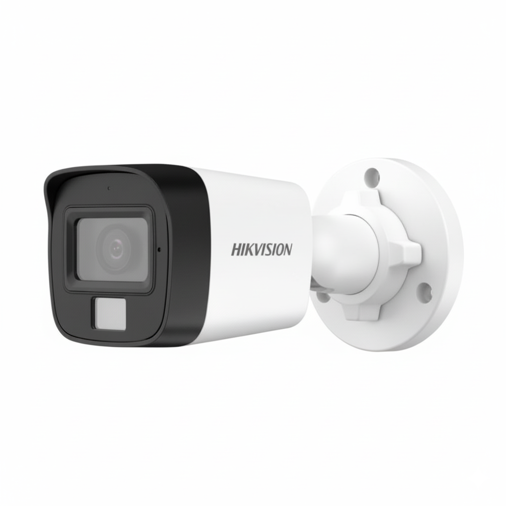 Front view of HikVision DS‑2CE16D0T‑LPFS 2MP outdoor CCTV camera with Smart Hybrid Light