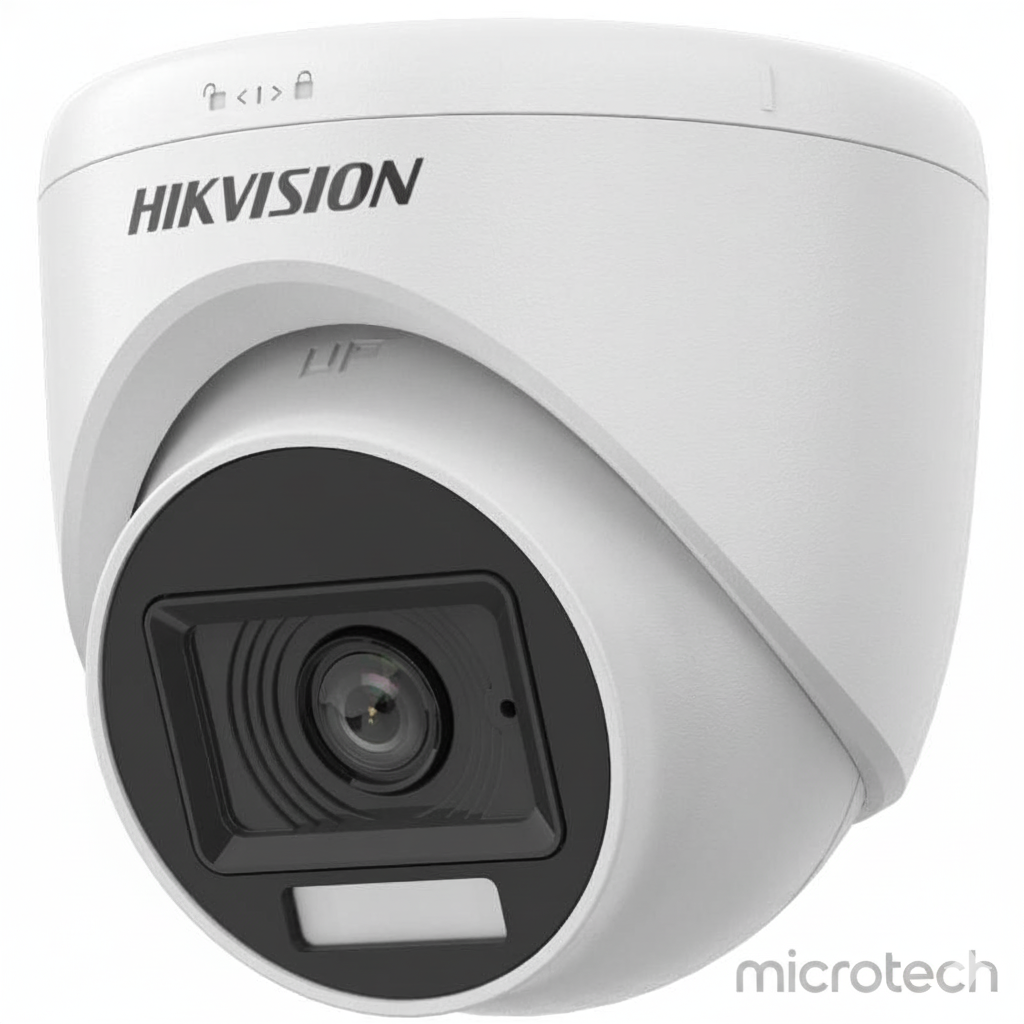 Side view of Hikvision DS-2CE76K0T-LPFS indoor CCTV camera showing lens and microphone
