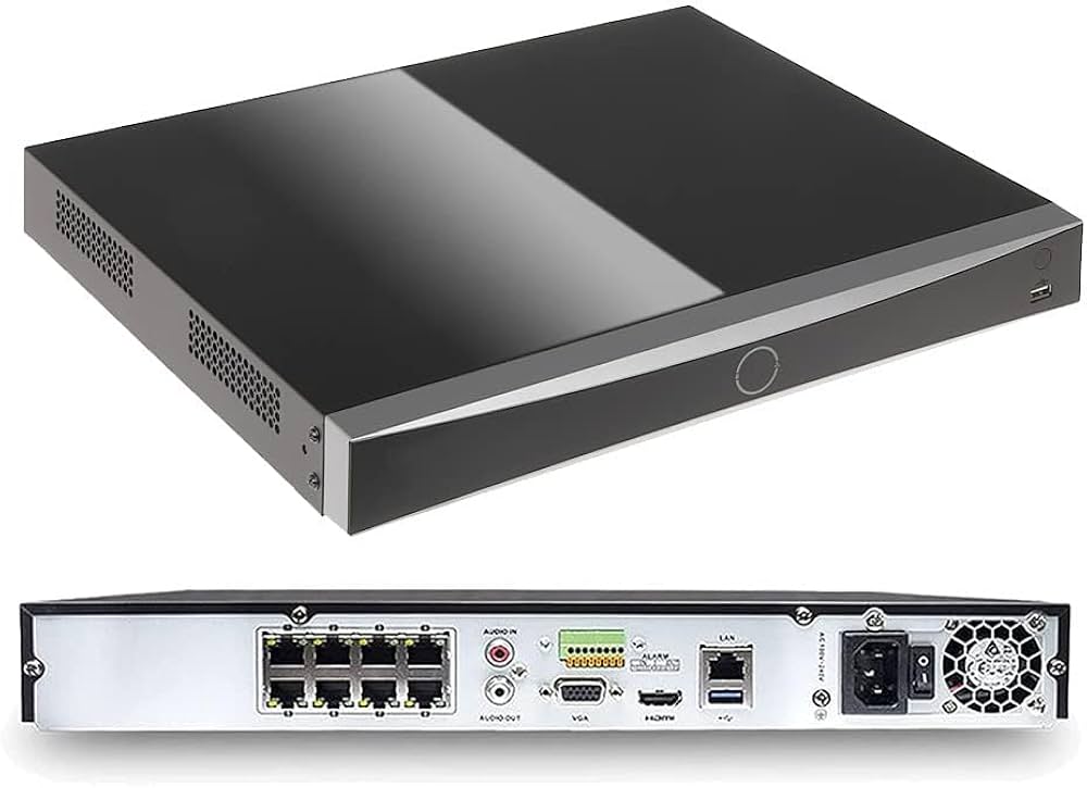 Front view of Hikvision DS-7608NXI-K1/8P 8-channel NVR showing ports and indicator lights