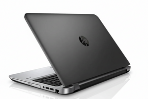 Angle view of HP ProBook 450 G3 laptop showing keyboard and screen