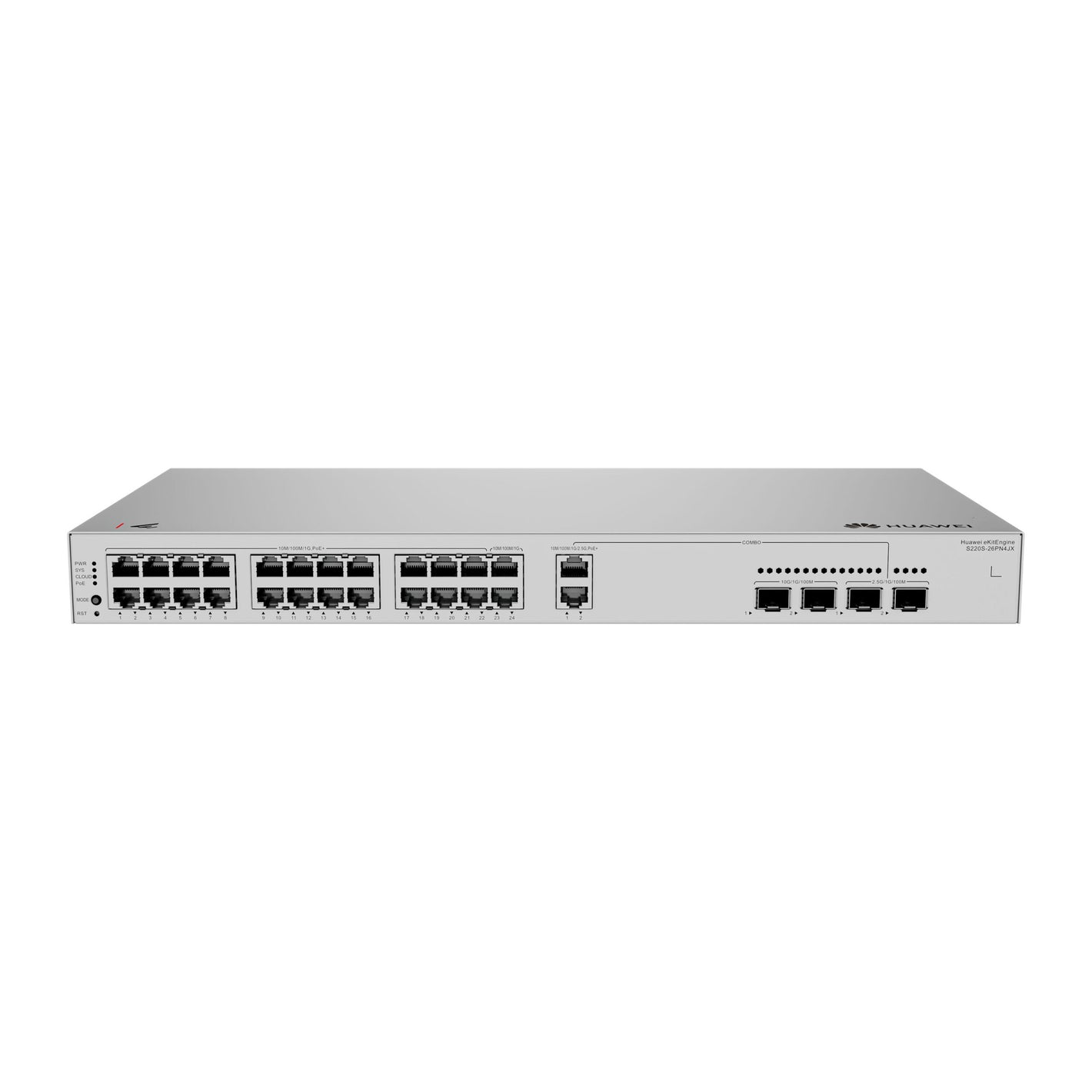 Front view of Huawei eKit S220S-26PN4JX PoE network switch