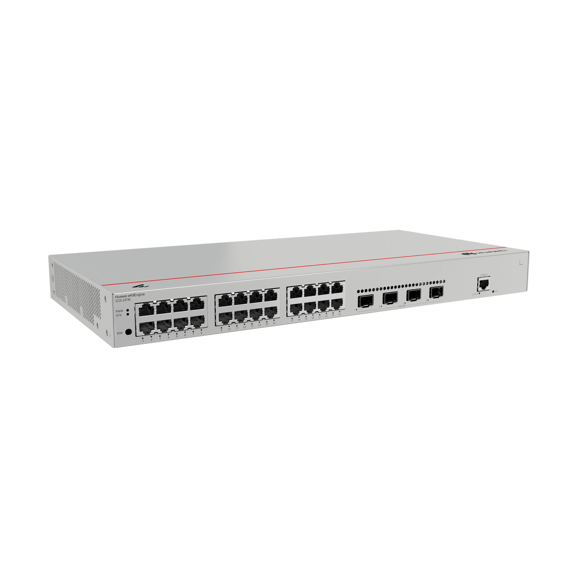 Close-up view of Huawei S220-24T4X switch ports