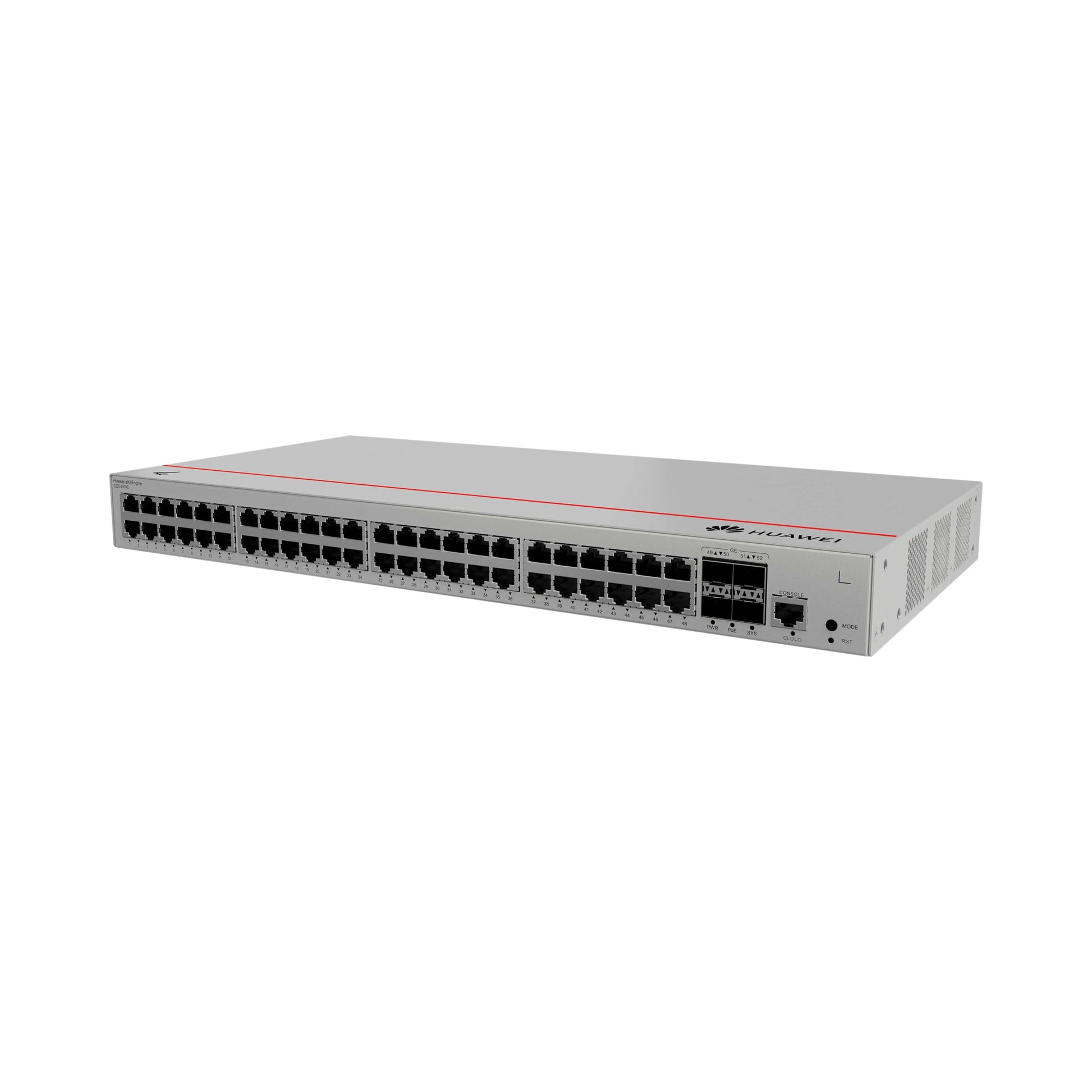 Angled view of Huawei S220-48P4S switch with PoE+ ports