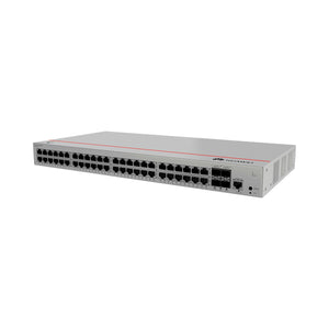 Angled view of Huawei S220-48P4S switch with PoE+ ports