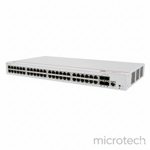 Front view of Huawei eKit S220-48P4X switch showing 48 PoE+ ports and 10GE SFP+ ports