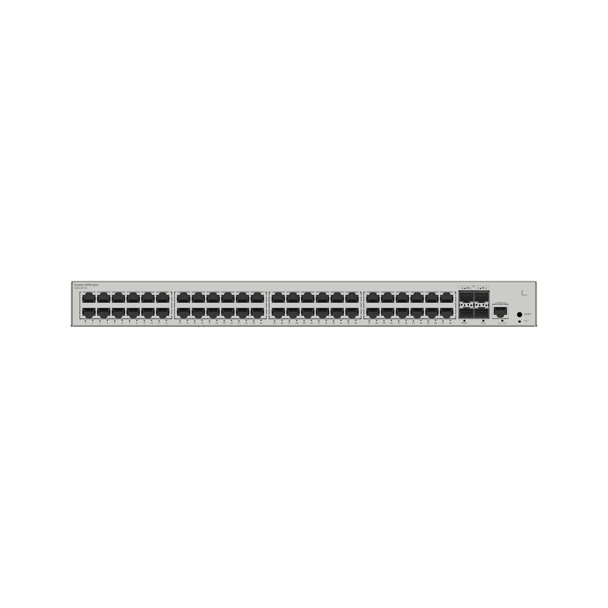 Close-up view of Huawei S220-48T4S switch ports