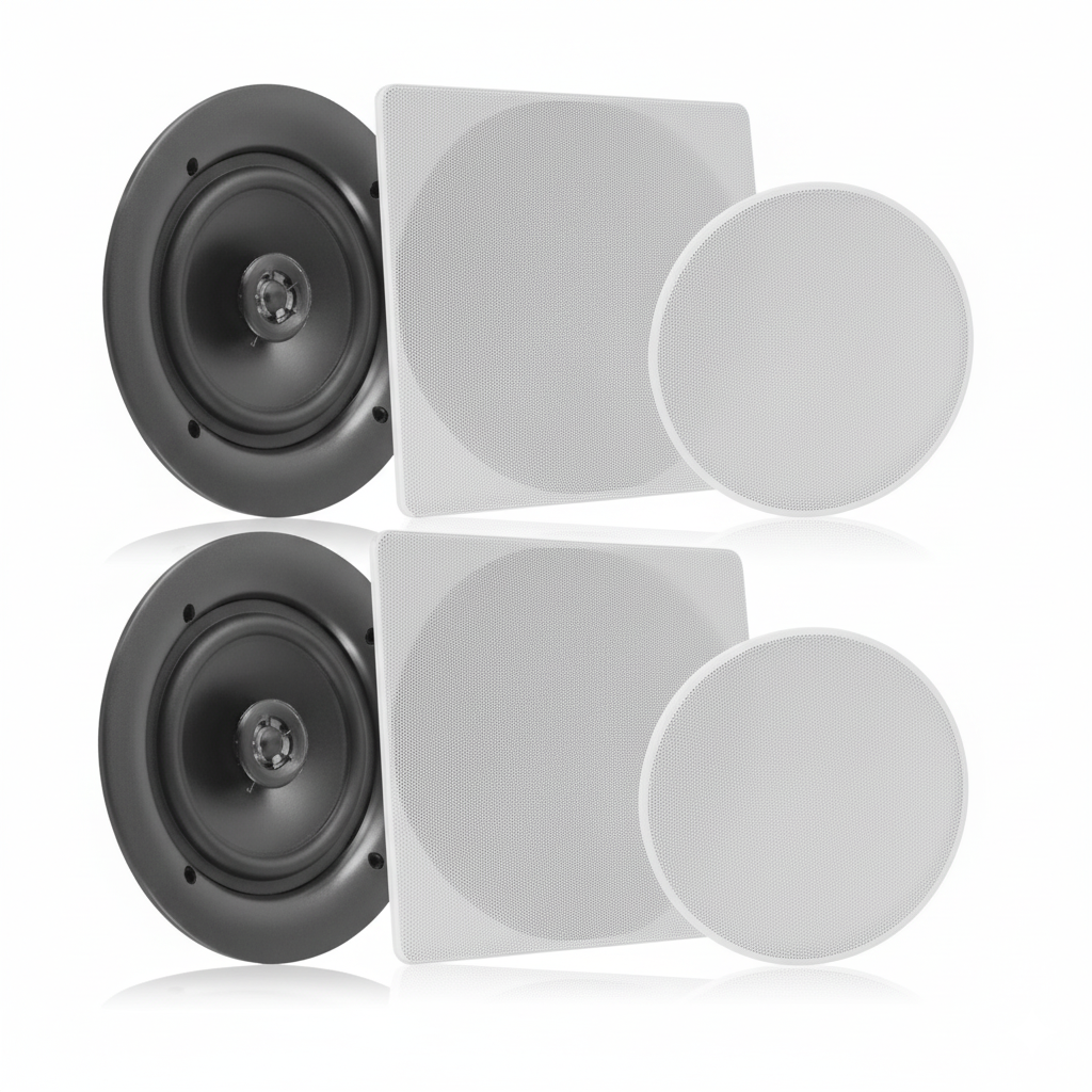 Set of ceiling speakers on a white background