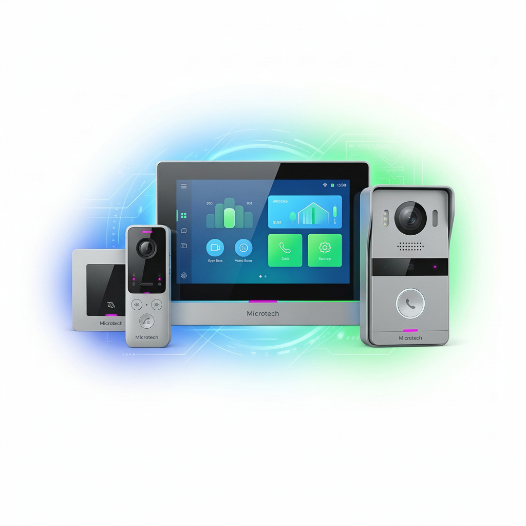 Microtech intercom system with tablet and doorbell on a white background