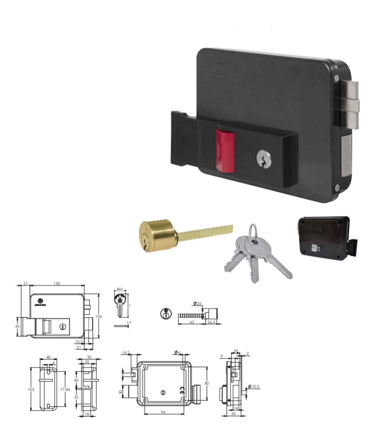 Front view of Italian electric door lock latch