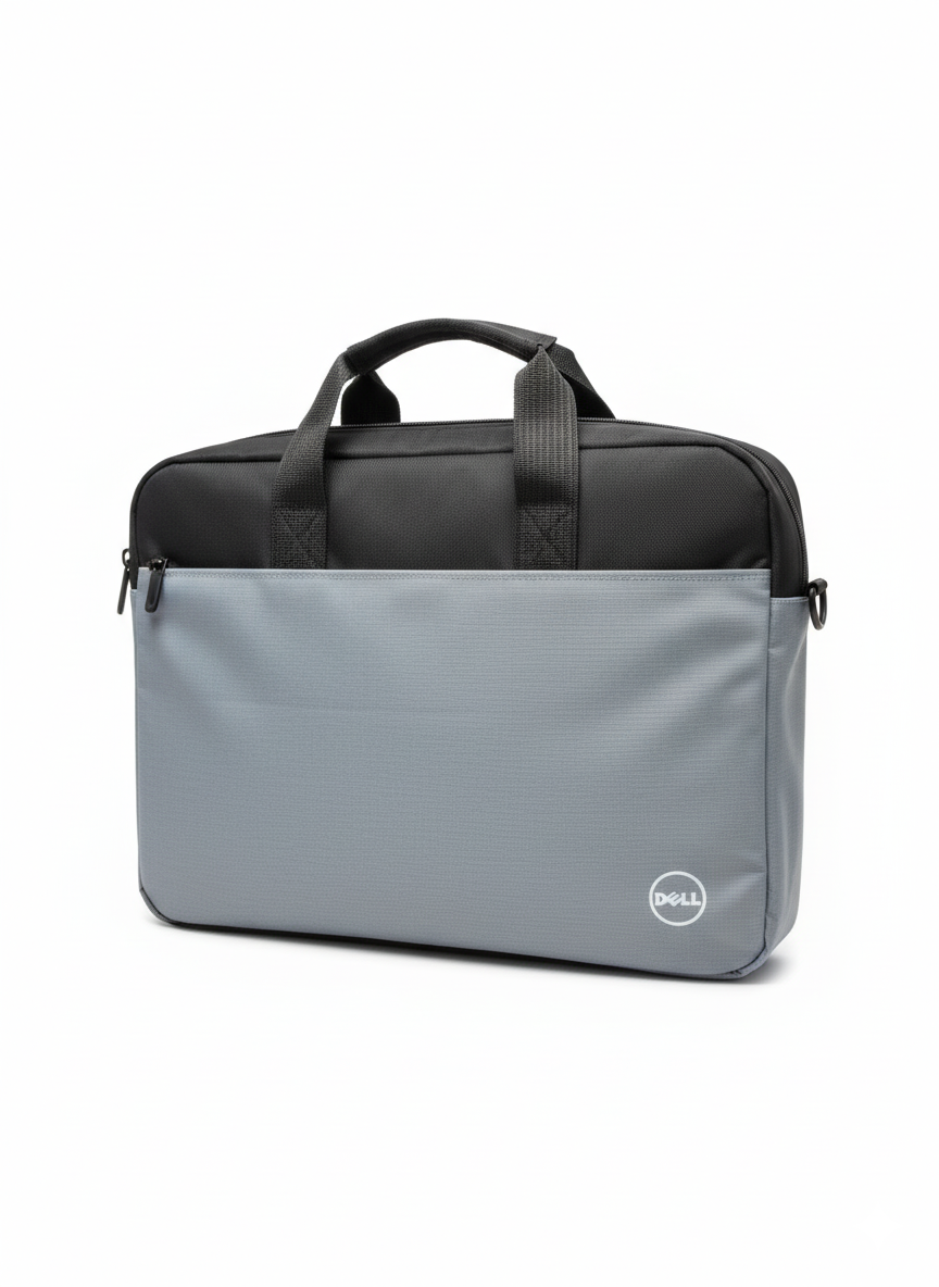 Gray and black laptop bag with Dell logo on a white background
