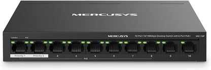 Front view of Mercusys MS110P 10-port PoE switch showing all ports