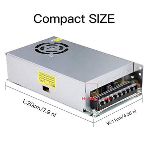Side view of 24V 12A power supply showing casing and ventilation