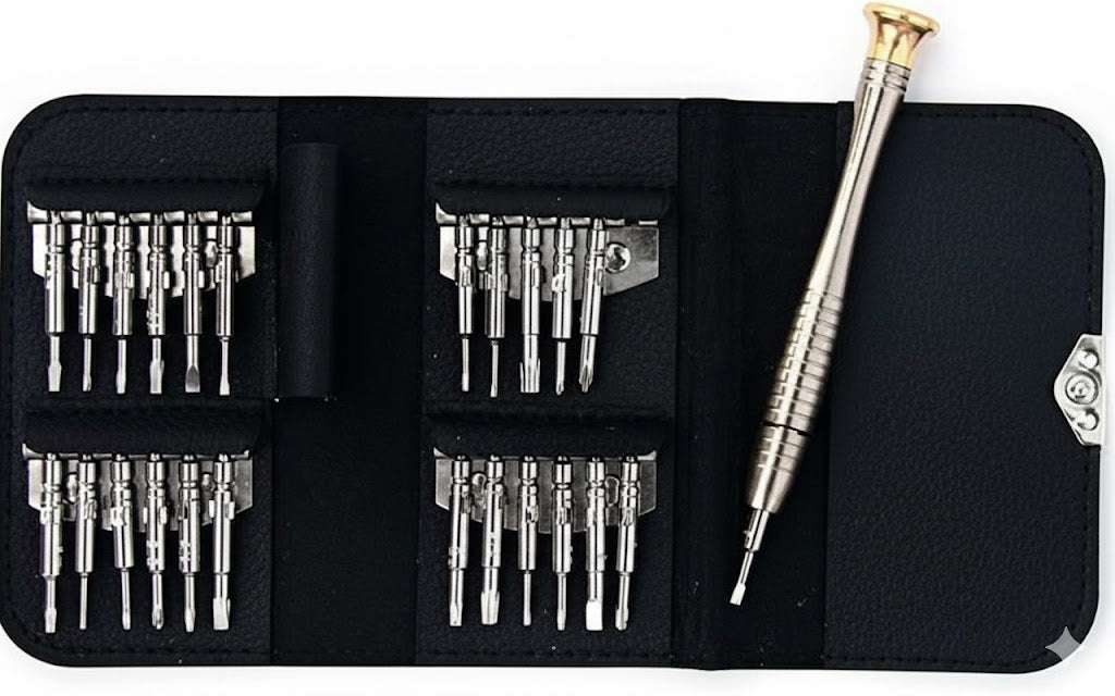 Front view of screwdriver set with opener and included gift showing tools layout