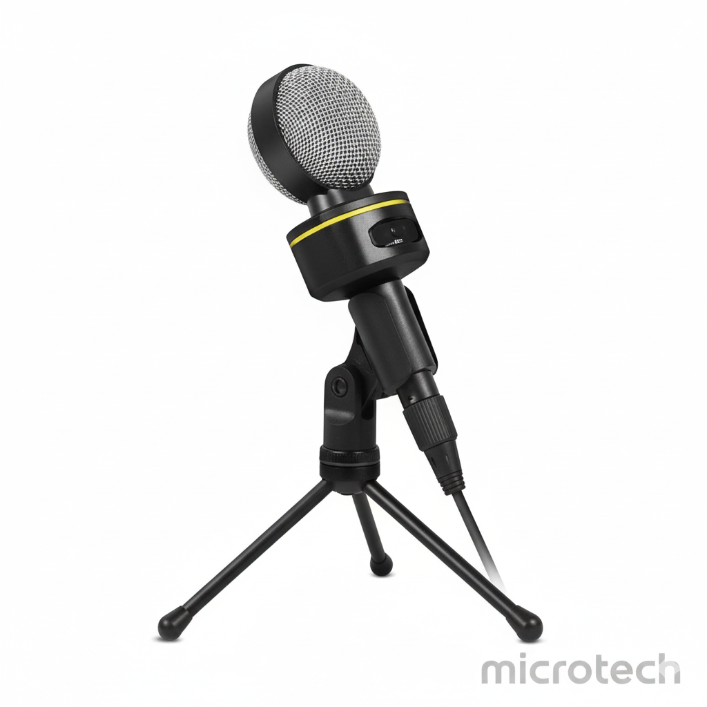 Front view of SF930 3.5mm microphone on stand showing microphone and base