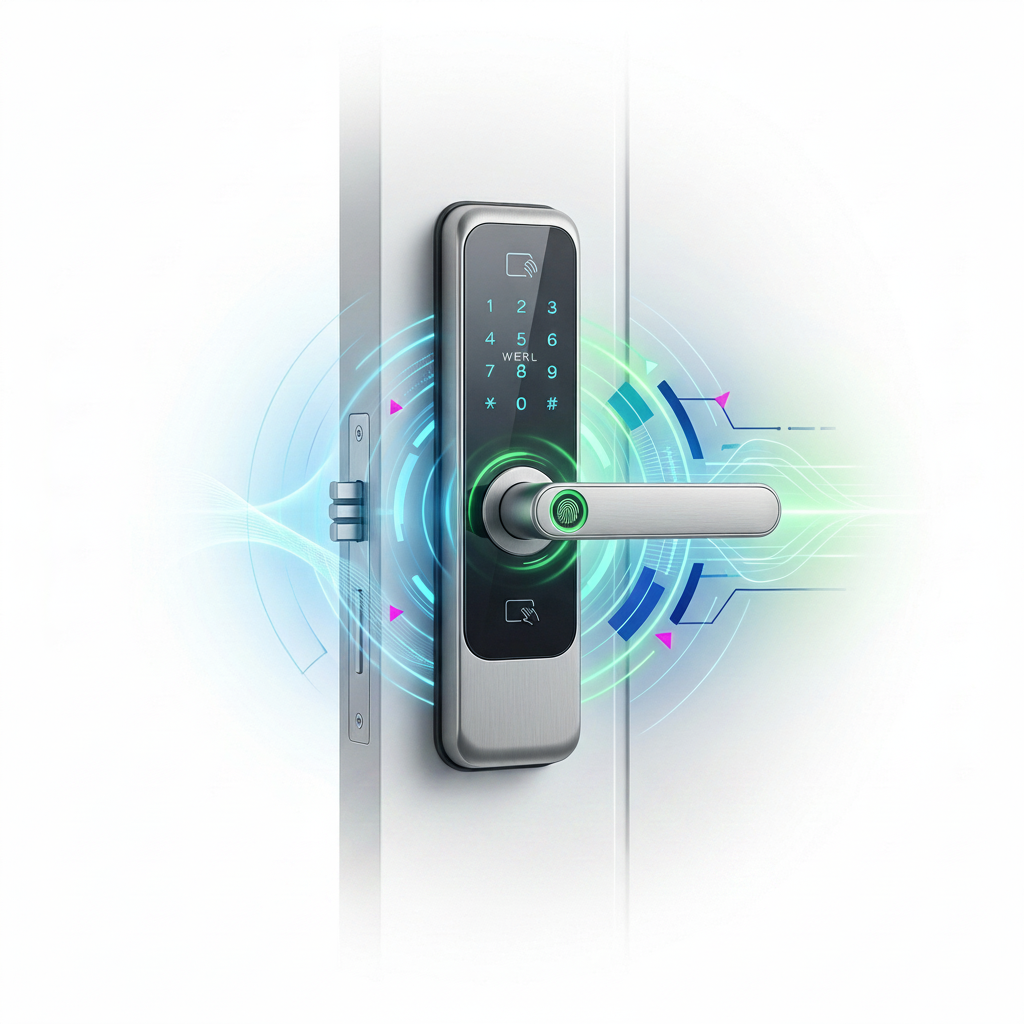 Smart door lock on a white door with digital display and keypad.