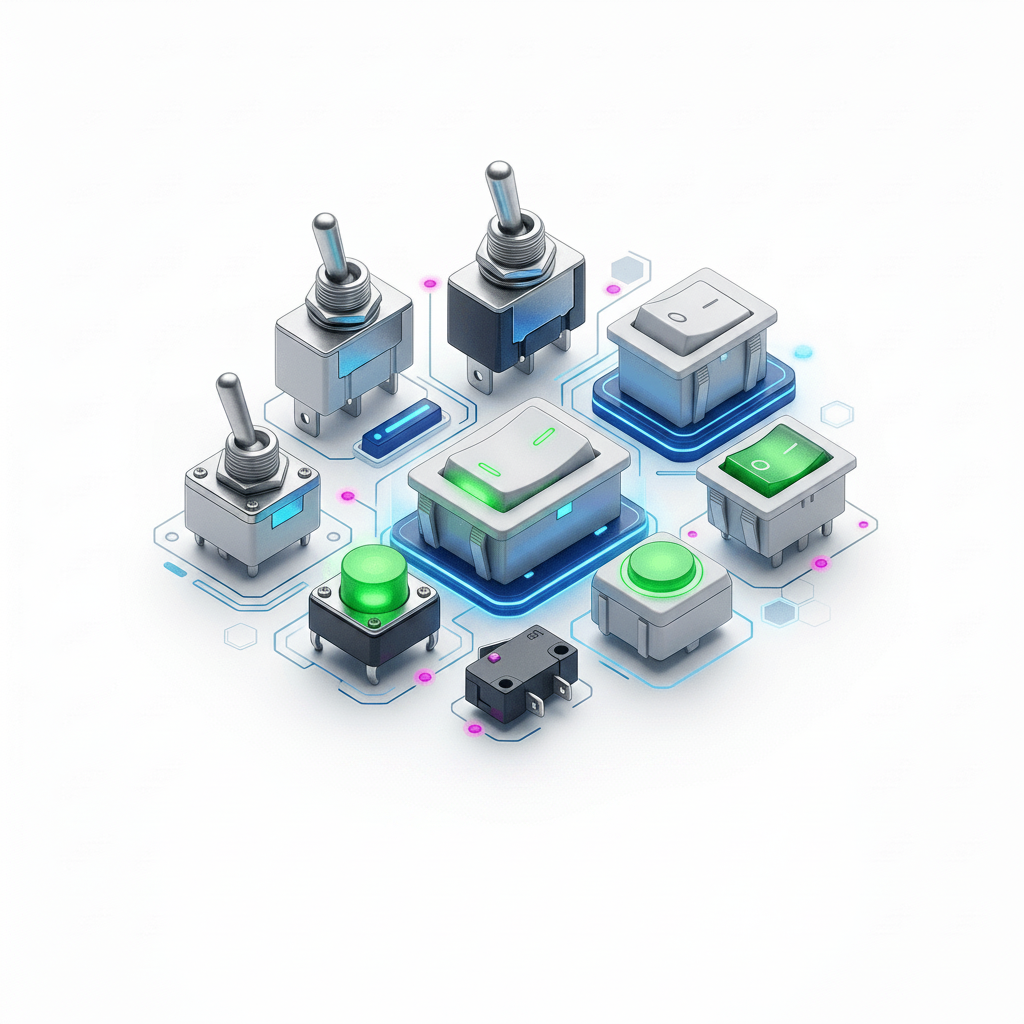 Illustration of various switches with a focus on toggles and momentary switches on a white background.
