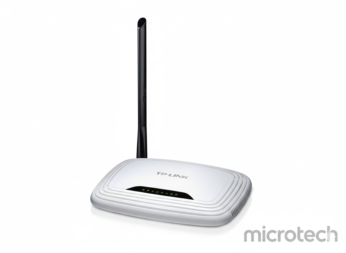 Front view of TP-Link TL-WR740N access point showing LED indicators and antenna