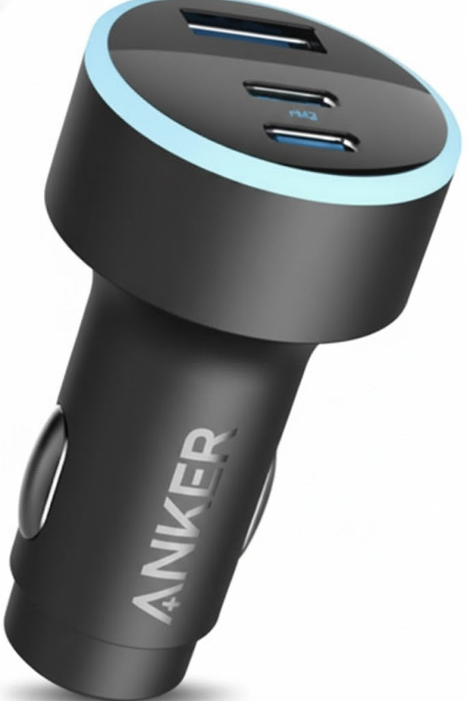 Anker car charger with multiple ports on a white background