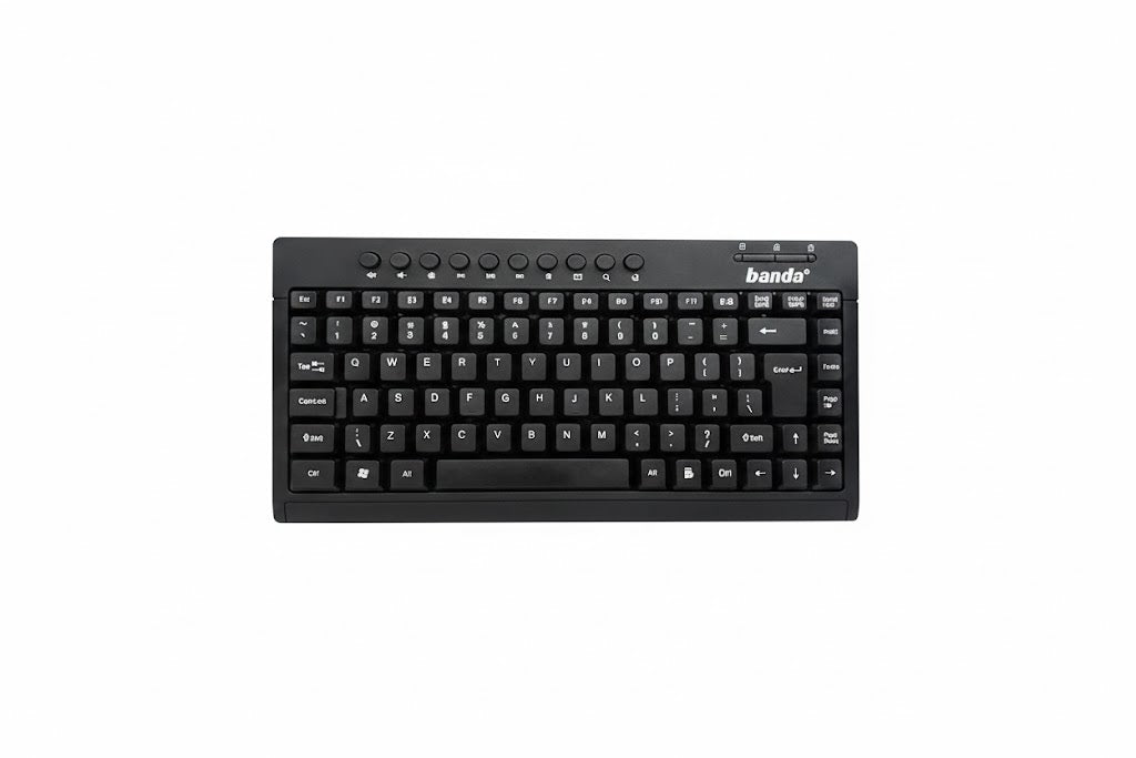 Black keyboard with 'bando' branding on a white background