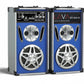 Pair of blue LAVA portable sound systems on a white background