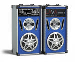 Pair of blue LAVA portable sound systems on a white background