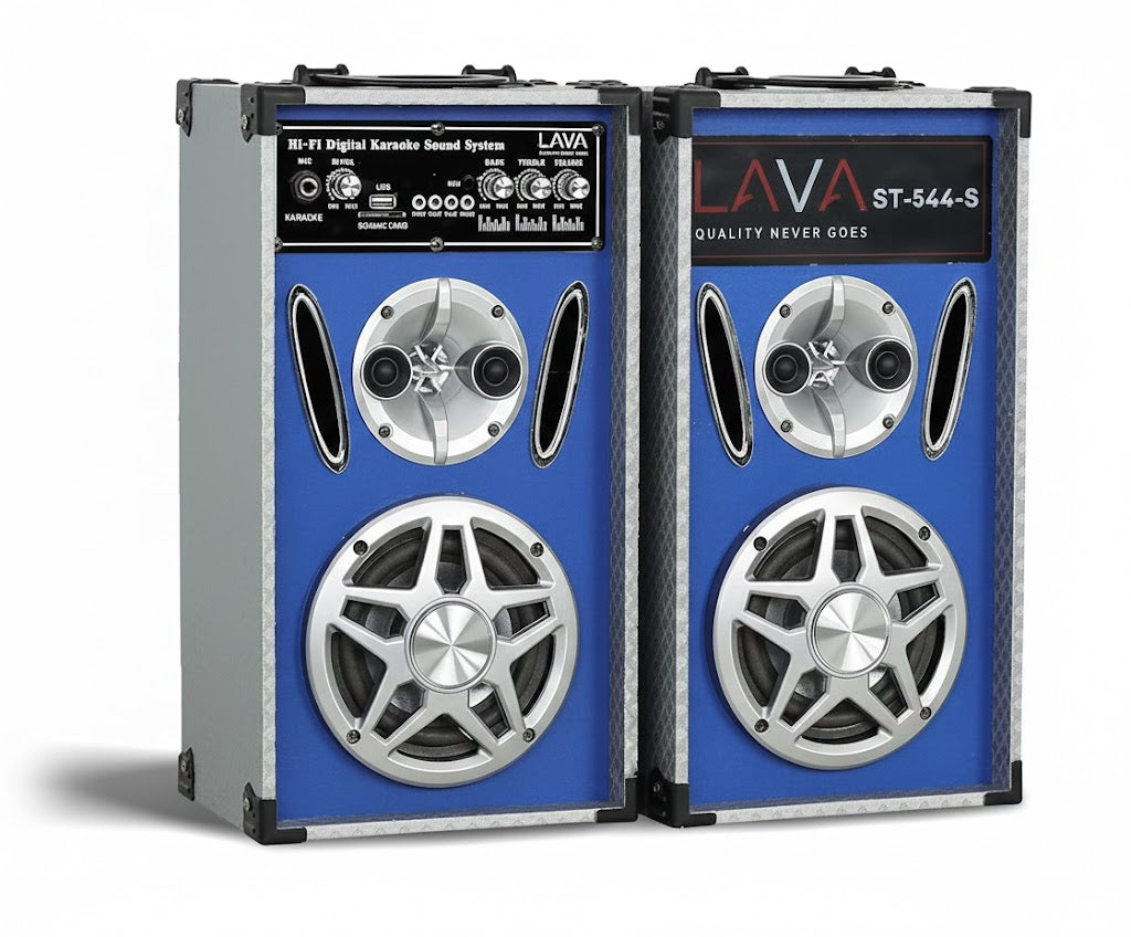 Pair of blue LAVA portable sound systems on a white background