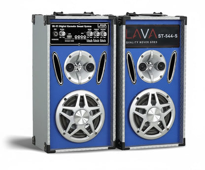 Pair of blue LAVA portable sound systems on a white background