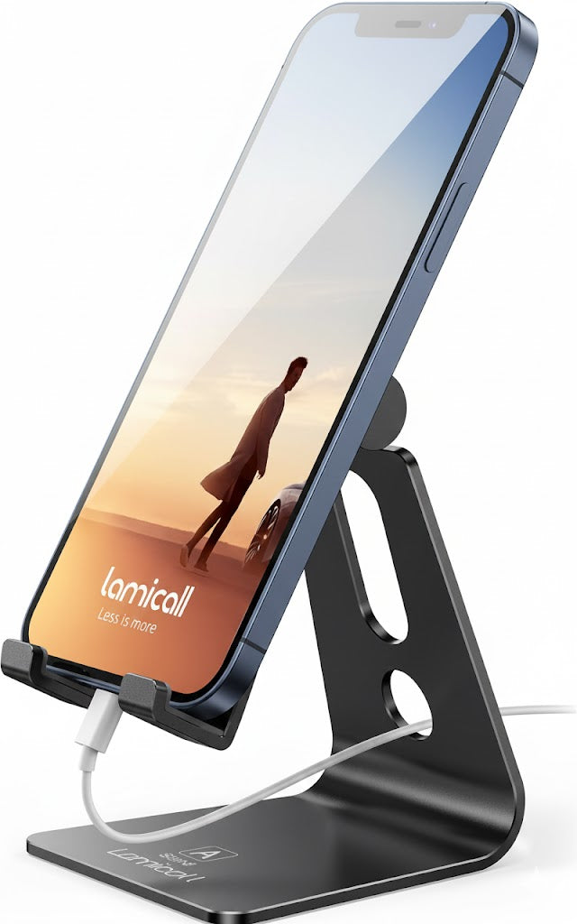 Phone stand with smartphone displaying a sunset scene, branded 'lamicall'.