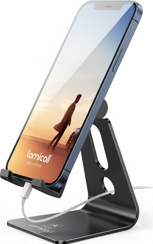 Phone stand with smartphone displaying a sunset scene, branded 'lamicall'.