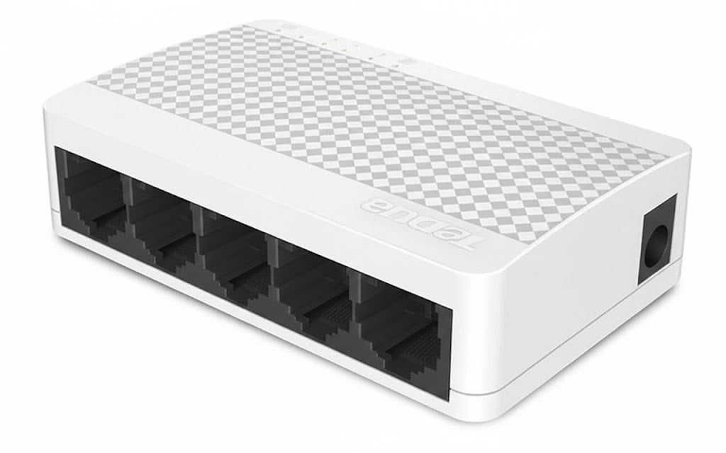 White network switch with multiple Ethernet ports on a white background