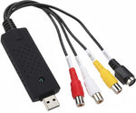 USB audio/video capture device with various color-coded connectors on a white background