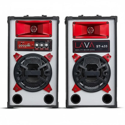 Pair of LAVA ST-433 speakers with red and black design on a white background