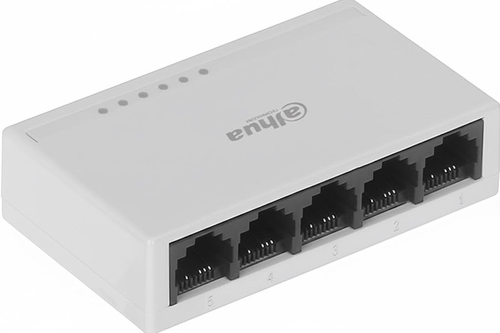 Network switch with five Ethernet ports on a white background