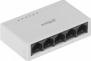 Network switch with five Ethernet ports on a white background