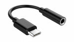 Black USB-C to 3.5mm audio adapter on a white background