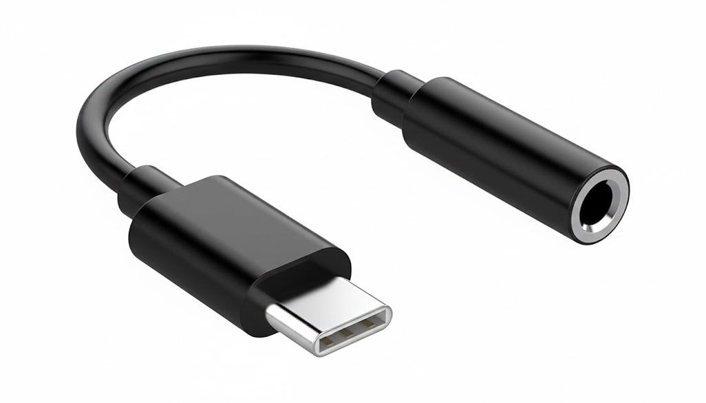 Black USB-C to 3.5mm audio adapter on a white background