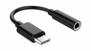 Black USB-C to 3.5mm audio adapter on a white background
