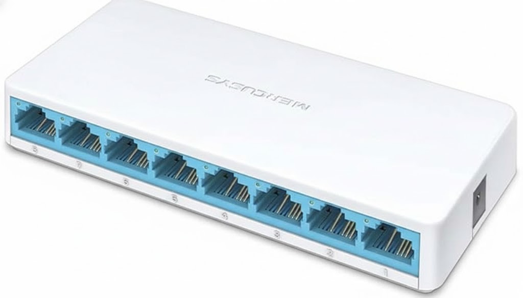 White network switch with eight blue Ethernet ports on a white background