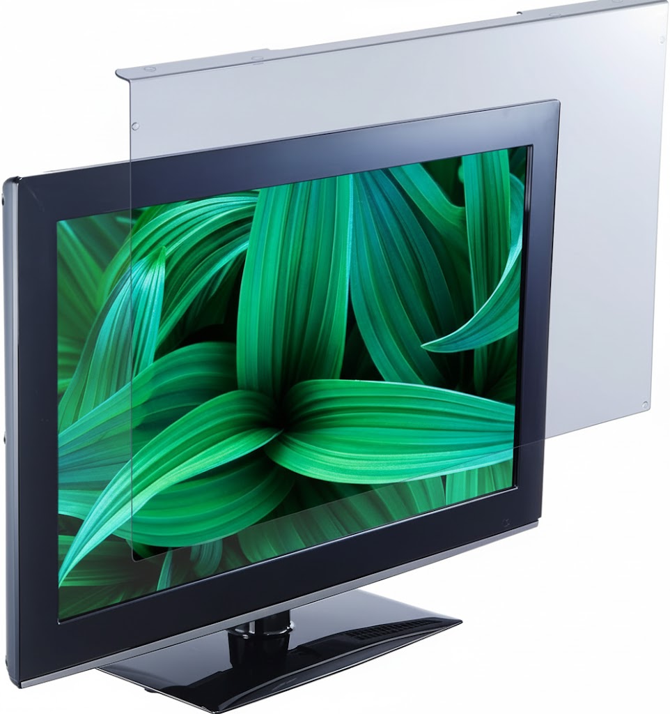 Monitor with a green abstract design on the screen, surrounded by a protective screen cover.