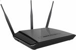 Black router with antennas on a white background