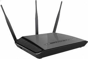 Black router with antennas on a white background